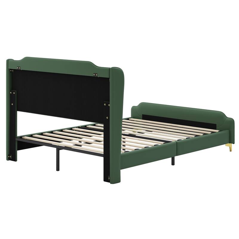 Roomfitters Queen Size Upholstered Platform Bed Frame with Wingback Headboard and Footboard, Faux Leather Tufted Bed