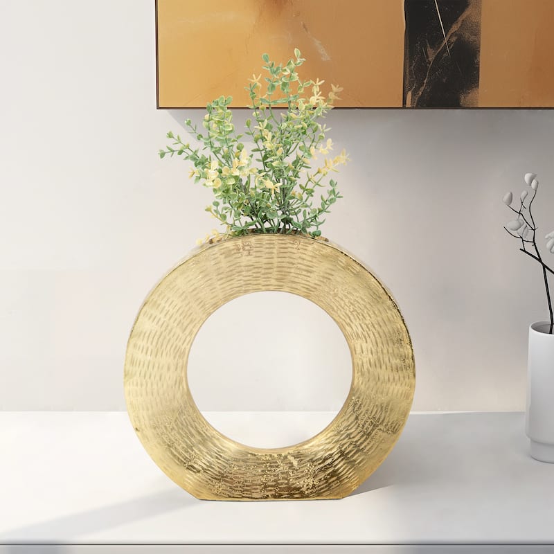 Sagebrook Home Modern Glam Metal, Round Open Cut Out Vase - Etched Gold - 12" x 2" x 11"