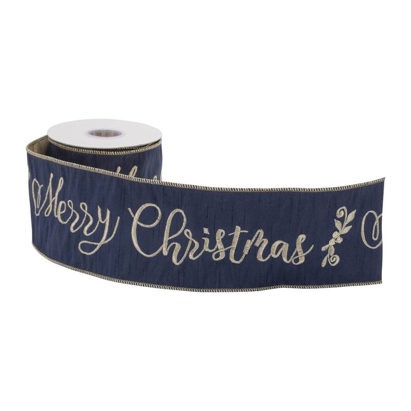 HomeRoots 4" Midnight And Gold Polyester Embroidered Merry Christmas Wired Ribbon
