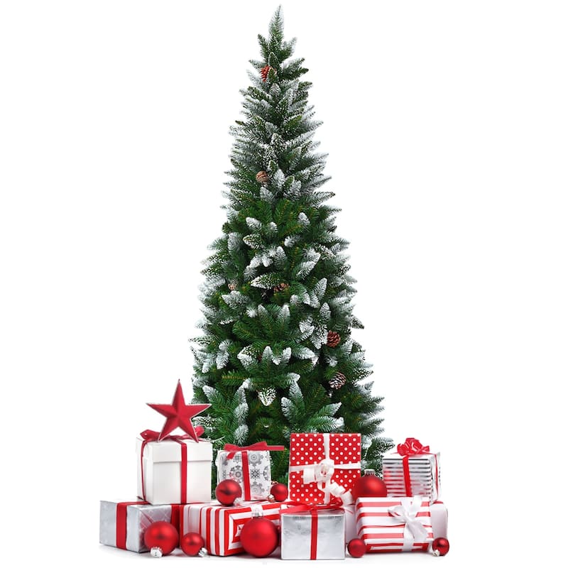 Gymax 5'/6'/7.5'Snow Flocked Pencil Christmas Tree w/ PVC Needles - See Details