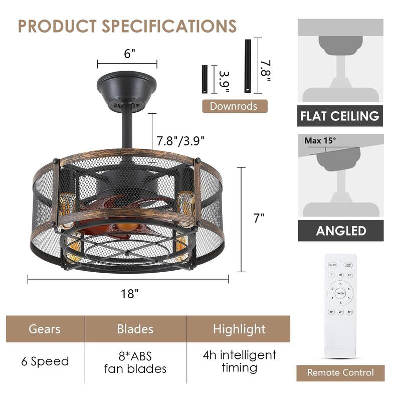 18'' Indoor Caged Ceiling Fan Light with 5 Blades Reversible DC Motor 4 E26 Socket - 18 Inches