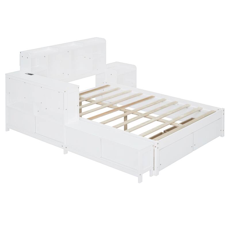 Full Size Wooden Platform Bed with Storage Headboard, Integrated Desk, Nightstand, and USB Ports for Modern Living