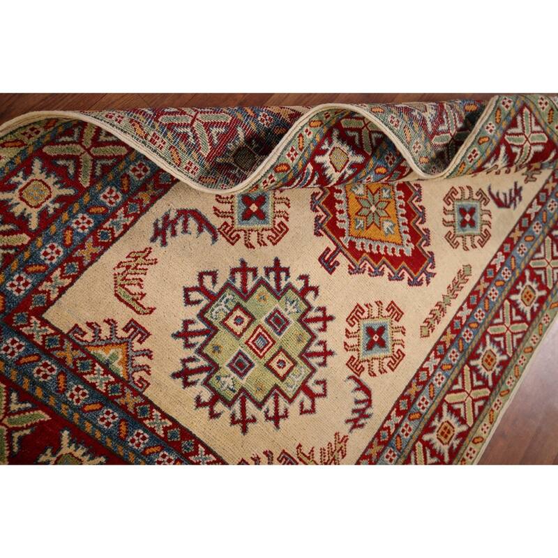 Geometric Beige Kazak Accent Rug Hand-Knotted Wool Carpet - 3'3" x 5'1"