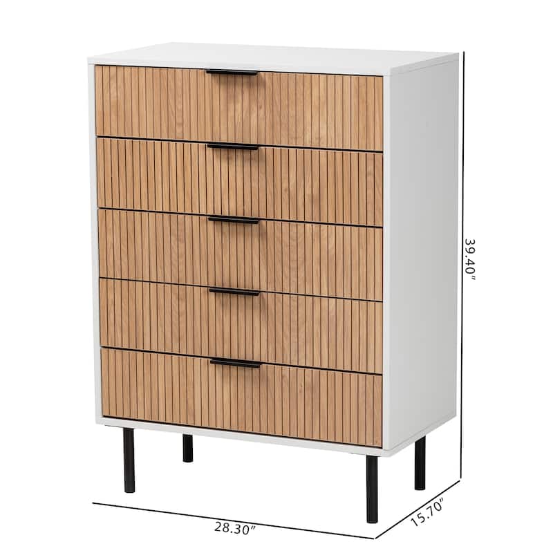 Karima Mid-Century Modern Two-Tone White and Natural Brown Finished Wood and Black Metal 5-Drawer Storage Cabinet