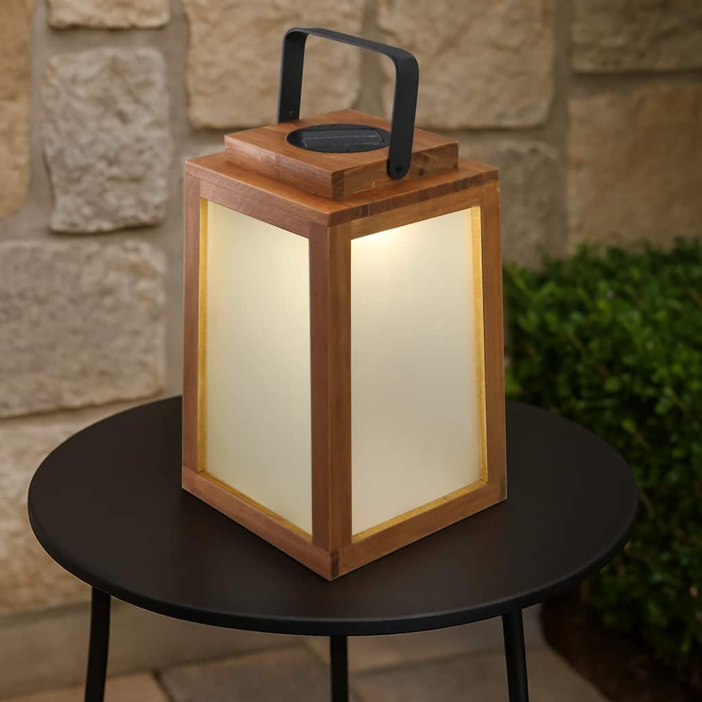 H11" Farmhouse LED Solar Lantern with Wood Farm and Frosted Glass Panl Ourdoor Garden Decorative Hanging Lanterns - W7''