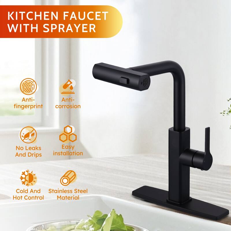 WOWOW Single Handle Pull Out Sprayer Kitchen Faucet with 3-Mode Advanced Spray