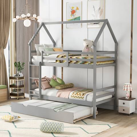 Modern Twin over Twin House Bunk Bed with Trundle and Chimney Design, High Quality Sturdy Pine Wood and MDF Legs for Bedroom