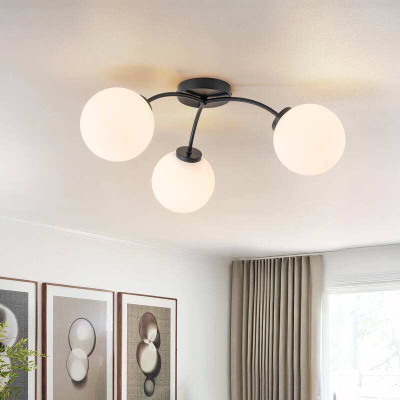 6-Light Brass Semi-Flush Mount Ceiling Light with Opal Glass Shades - 24.2-in W x 9.05-in H - Black