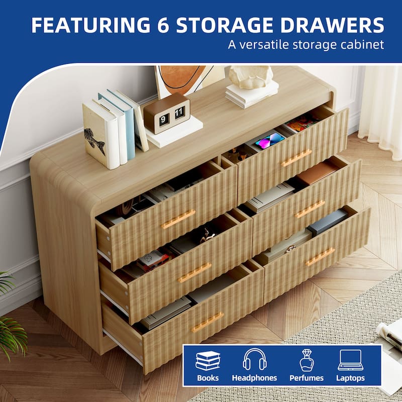 Moasis Fluted Dresser with 6 Drawers, 47" Wide Chest of Drawers with Metal Handle for Bedroom Storage Organizer