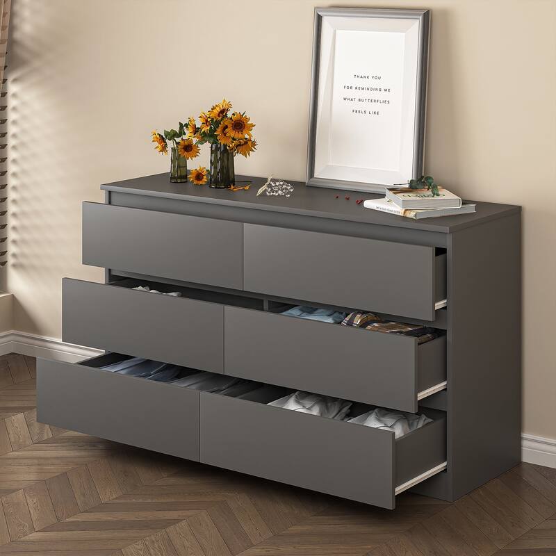 6 drawer 47.25 in. Wide Dresser Wood Double Dresser Large Storage Tower Unit Chest of Drawers TV Stand Dresser
