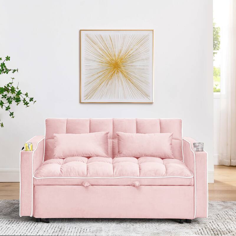 Velvet Foldable Loveseat with Adjustable Back & Ashtray for Livingroom 55.51 inch Versatile Pull-out Sofa Bed with USB Port