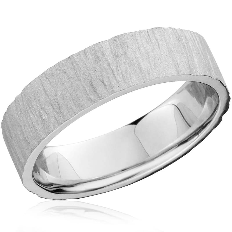 6MM Flat Mens White Gold Textured Wedding Band