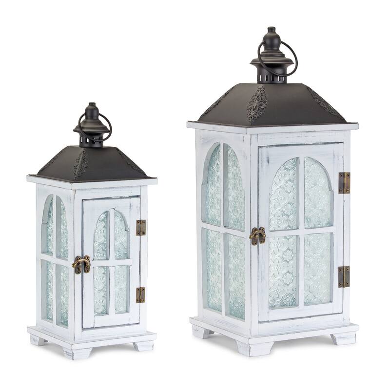 Set of Two White and Black Glass Wood and Metal Ornate Floor Lantern Candle Holders - One Size