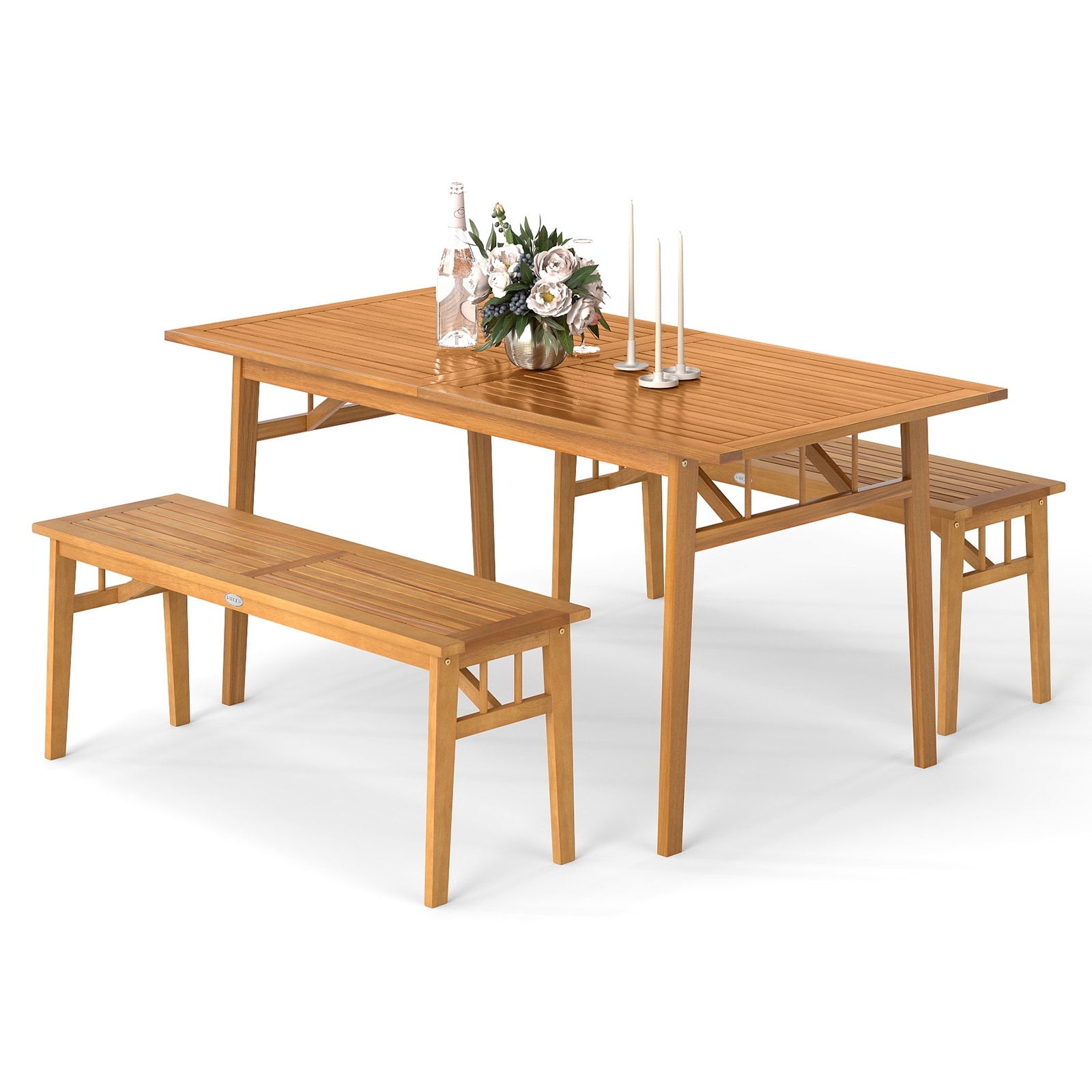 Gymax 3PCS Patio Dining Set Rectangular Picnic Table & 2 Benches