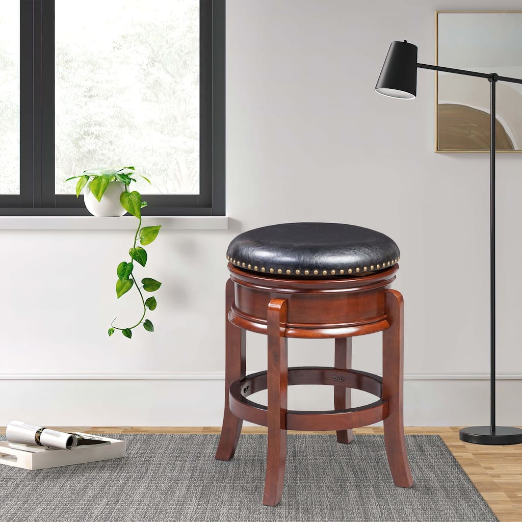 Sabi 24 inch Swivel Counter Stool, Solid Wood, Faux Leather, Brown, Black