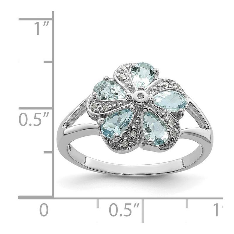 Curata 925 Sterling Silver Polished Open back Rhodium Aquamarine Diamond Ring