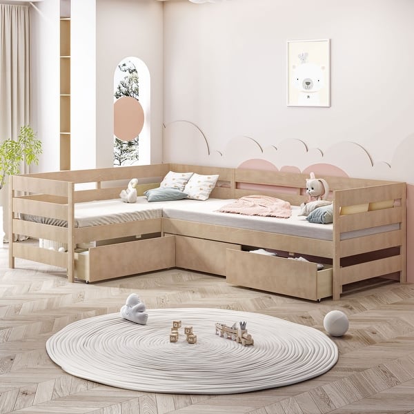 slide 2 of 27, Twin Size L-shaped Platform Bed with Storage Drawers, Wooden Bed Frame Natural