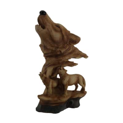 Carved Wood Look Howling Wolf Couple Figural Statue - 12 X 7.5 X 4.5 inches