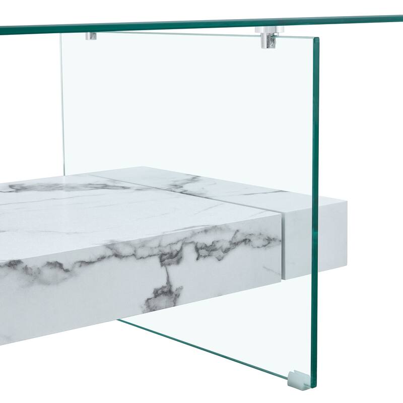Roomfitters 43.3" Two-Tier Glass Coffee Table with Light Wood Shelf, Side Table or Display Stand