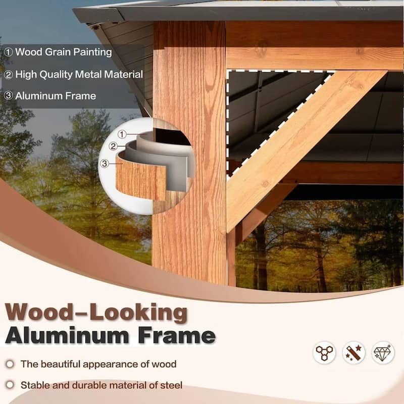 Outdoor Galvanized Steel Roof Gazebo Pergola w Wooden Coated Alumninum Frame, Privacy Curtains and Nettings Include