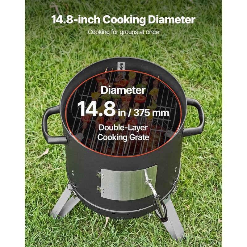 Black Steel 16-Inch Charcoal Smoker Grill with Dual Cooking Grates and Temperature Gauge - 20.5 x 21.3 x 32.3 in