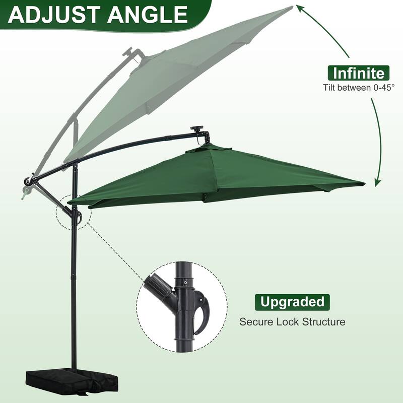 Autlaycil 10ft Offset Hanging Market Patio Umbrella With Base&Solar Lights