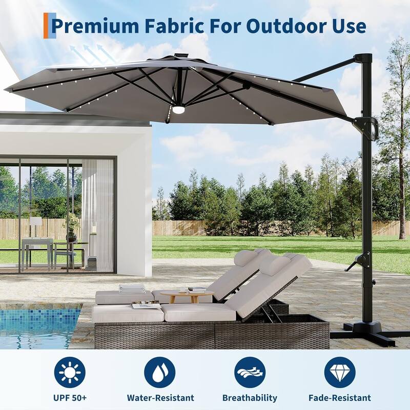 10FT Cantilever Patio Umbrella with Solar Lights, 360° Rotation Offset Umbrella