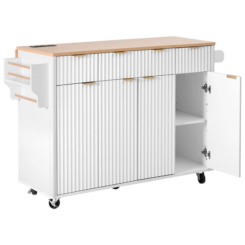 55.5"Fluted Kitchen Island with Storage,with Drop Leaf, Power Outlet, 4 Doors and 3 Drawers, Rolling Island with Wood-grain Top