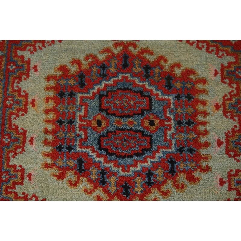 Green Geometric Viss Indian Rug Hand-Knotted Wool Carpet - 2'11" x 5'2"
