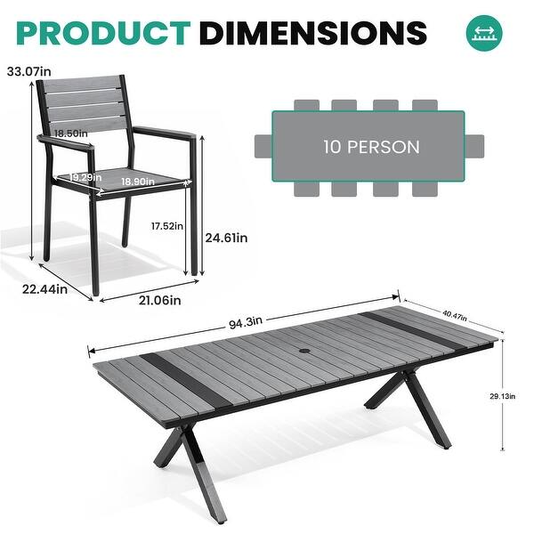 dimension image slide 2 of 4, 11/13-Piece Outdoor All-Weather Patio Dining Set Aluminum Rectangular Table with Umbrella Hole and Stackable Chairs