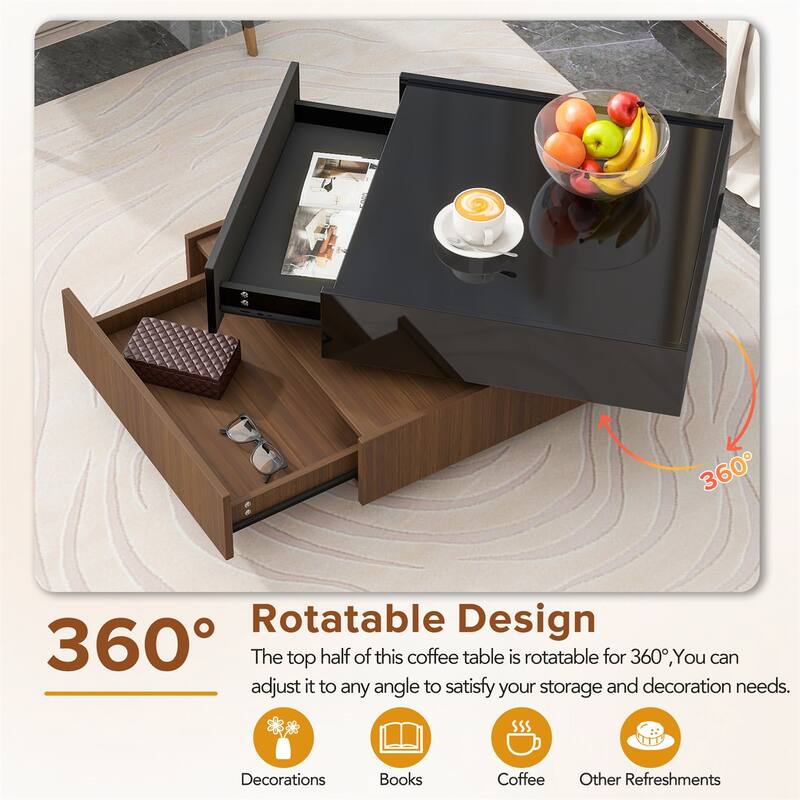 Square 360°Rotating Coffee Table with 2 Drawers, Swivel Tabletop