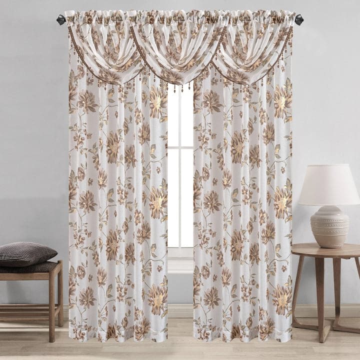 Anna Sheer Metallic Floral Rod Pocket Window Panel & Waterfall Valance, All Sold Separately - Valence - 48 x 37 inches - Brown