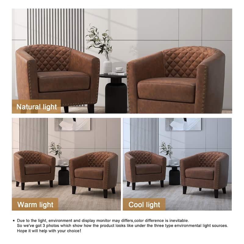 2 Set 29" W Vegan Leather Barrel Accent Chairs with Nailheads Trim