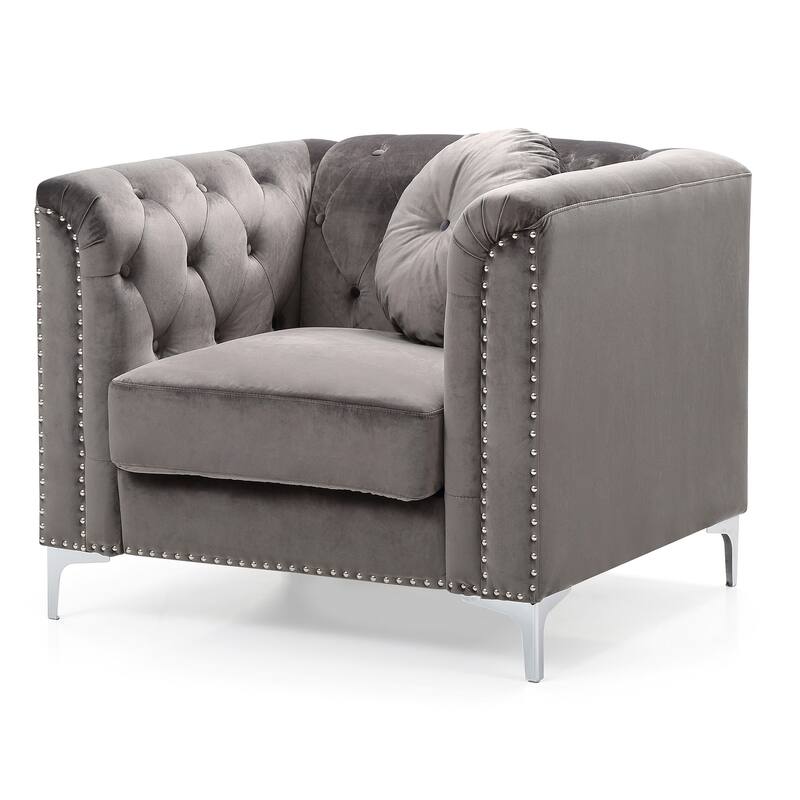 Button Tufted Velvet Accent Chair with Throw Pillow - 38" - Gray
