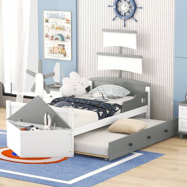 slide 2 of 9, Gray Twin Size Pine Wood Boat-Shaped Platform Bed with Trundle and Storage, Sturdy Slats and Rails