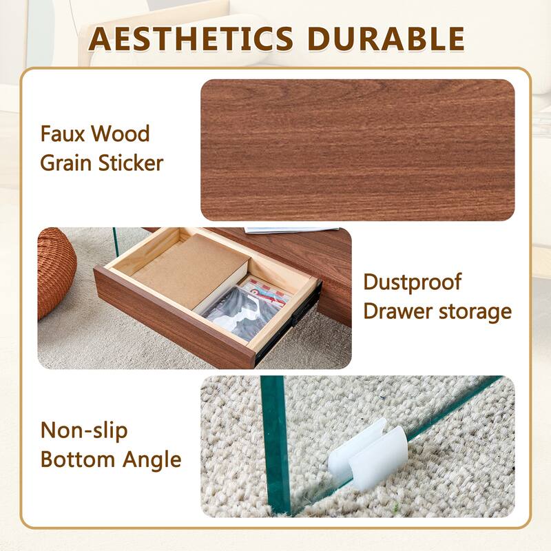 43.3 Inch Double Layer Coffee Table Storage Side Table with Open Storage Shelves, Drawers Glass Center Table End Table