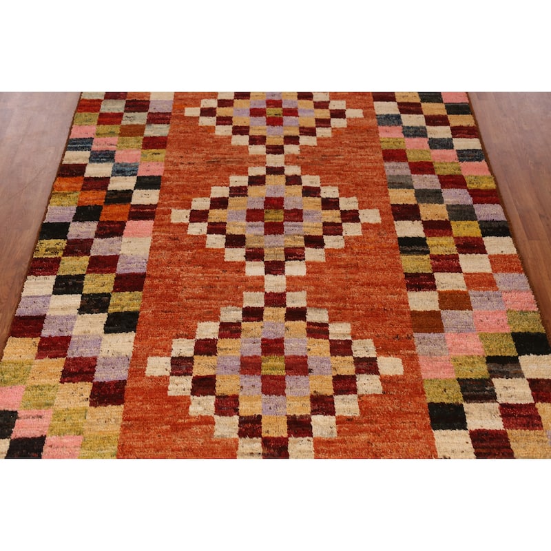 Checkered Orange Moroccan Oriental Area Rug Handmade Wool Carpet - 6'7" x 9'10"