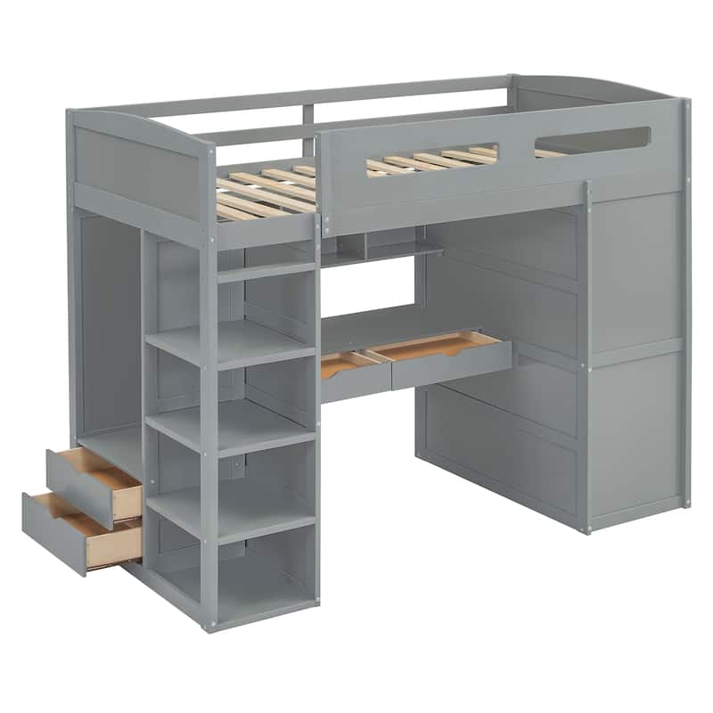 Twin/Full Size Loft Bed with Desk, Wardrobes and Ladder, Storage Kids Bed Frame with 4 Drawers and Shelves