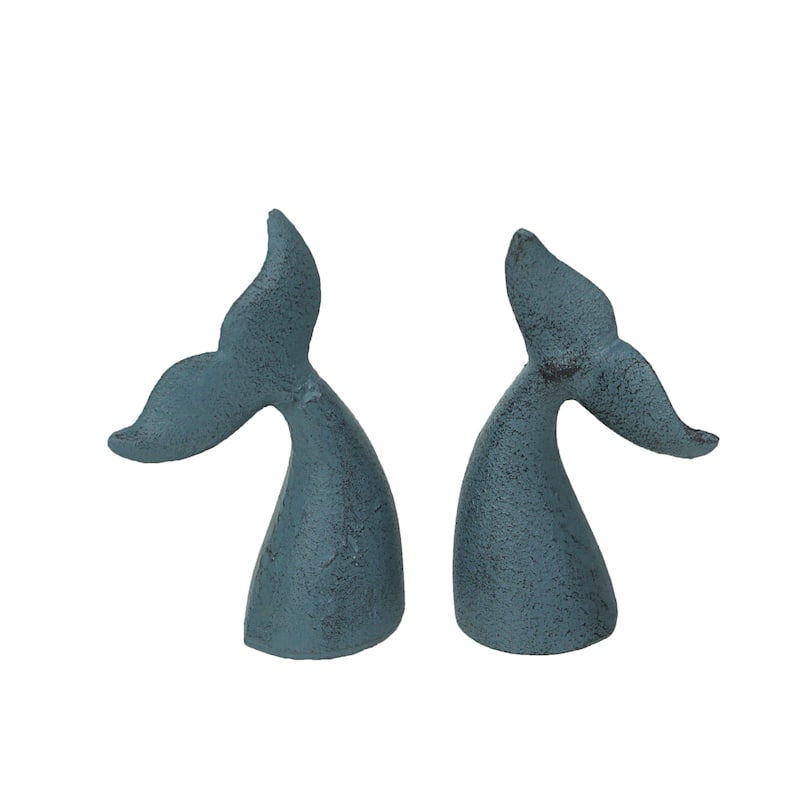 Set Of 2 Cast Iron Whale Tail Bookends Nautical Home Decor Bookshelf - 6.5 X 4 X 1.5 inches - Blue - 6.5 X 4 X 1.5 inches