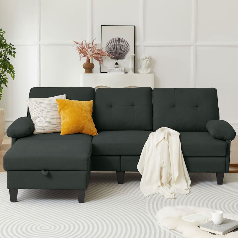 84.45" Wide Sectional Sofa with Ottoman & Side Storage Bags - Black