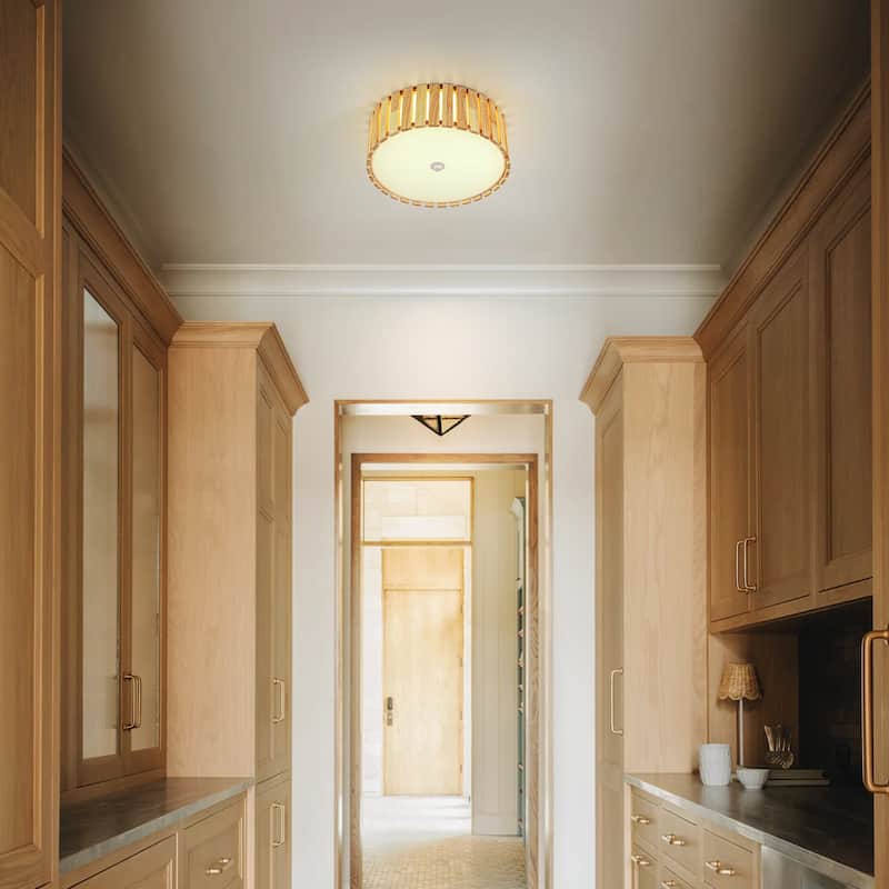 14.2" Rustic Boho Wooden Strips Cylindrical Drum Shade LED Flush Mount Ceiling Light for Living Room