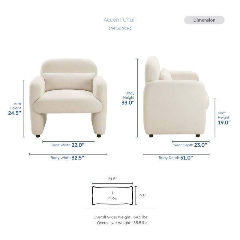 Silas 32.5" Boucle Accent Chair - 1 Matching Pillow, Attached Cushions