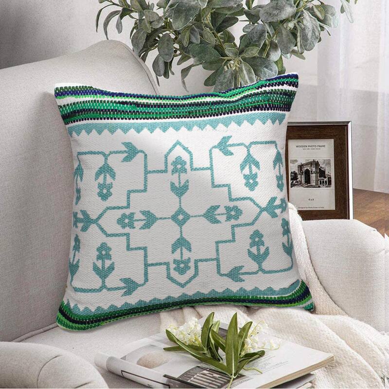 Handwoven Floral Mosaic Square Throw Pillow - 20" - Green and White