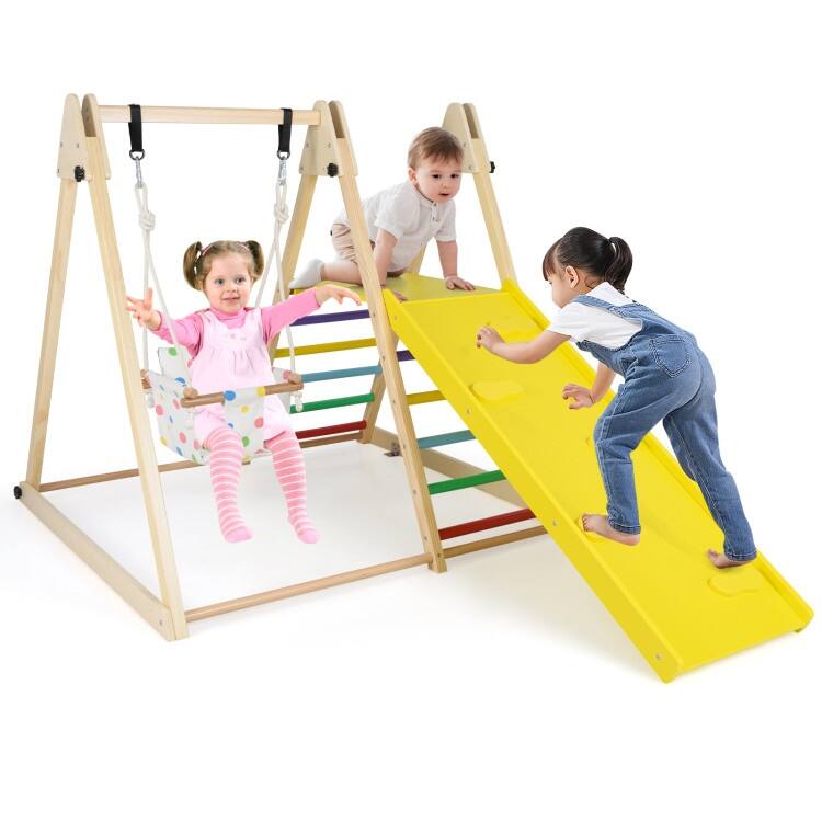 Multicolor Solid Wood Kids 4-in-1 Jungle Gym with Swing, Ramp and Platform - Multi Color - 73" × 47" × 45" (L × W × H)