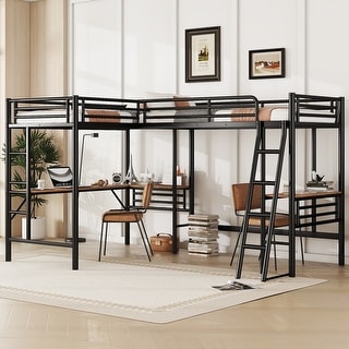Twin Size L Shaped Loft Bed with 2 Desk, Heavy-Duty Steel Bed Frame with Safety Guardrails & 2 Ladders for Kids Teens Girls Boys