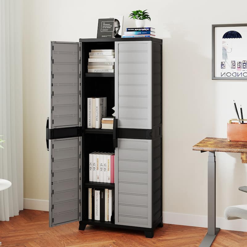 Black and Gray Tall Storage Cabinet with Adjustable Shelves Plastic Utility Cupboard for Garage Kitchen or Laundry Room