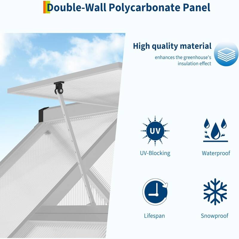 6 x 7 ft Greenhouse, Polycarbonate Walk-in Greenhouse with Aluminum Frame Sliver - 6*7FT