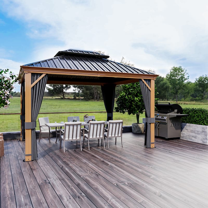 12x10ft Outdoor Double-Roof Aluminum Gazebo with Curtains and Mosquito Netting