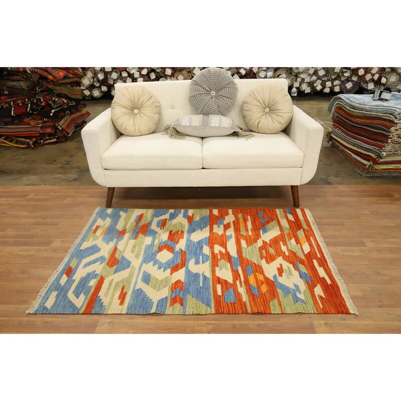 Hand Woven Oriental 100% Wool Carpet Southwestern Modern Multi-Colored Kilim Area Rug - 5' 1'' X 3' 5''