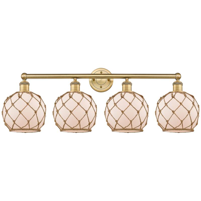 Innovations Lighting Endless Possibilities Edison - Farmhouse Rope - 4 Light 35" Bath Vanity Light - White Glass with Brown Rope/Brushed Brass